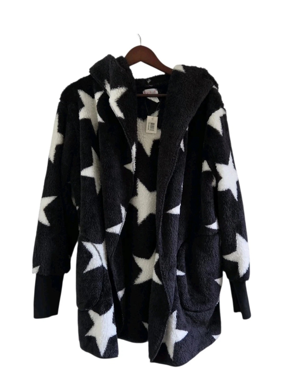 Top It Off Black White Star Print Open Hooded Cardigan Sherpa Women One Size New